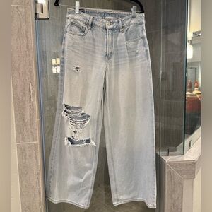 American Eagle Light Wash Distressed High Rise Baggy Wide Leg